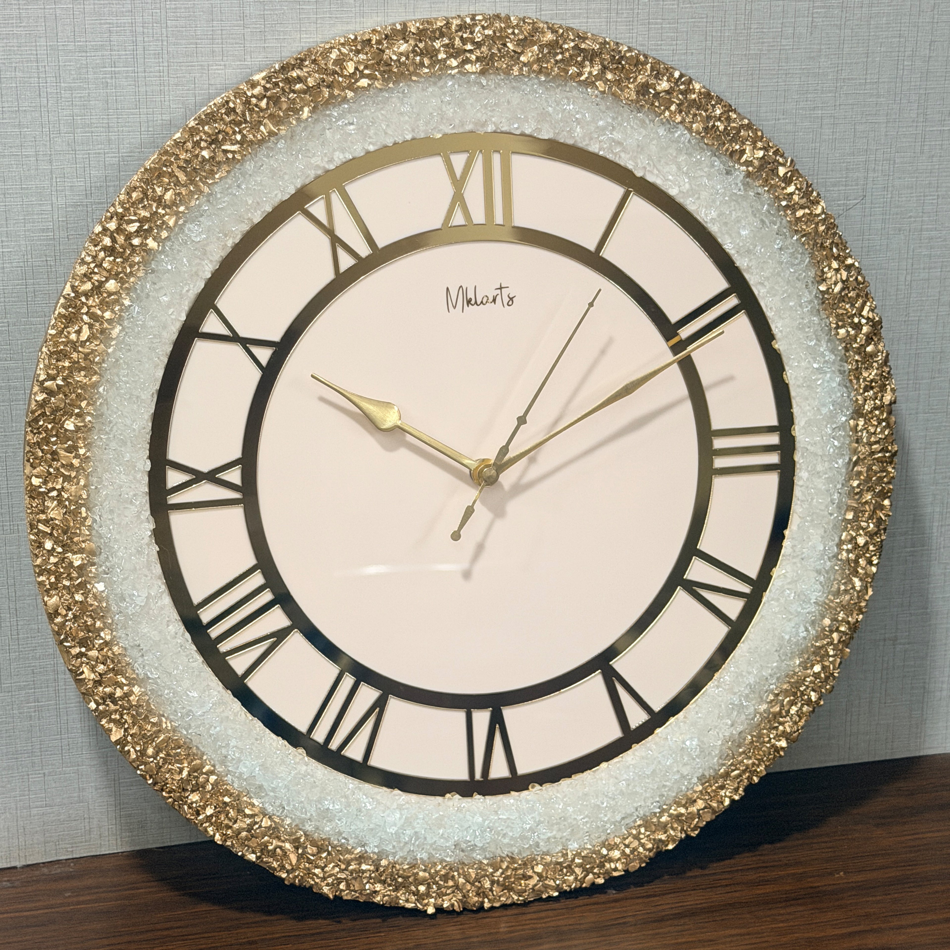 16-Inch Luxury White Resin Wall Clock with Gold Roman Numerals – Handmade Designer Crystal Edge Wall Decor