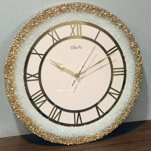 16-Inch Luxury White Resin Wall Clock with Gold Roman Numerals – Handmade Designer Crystal Edge Wall Decor