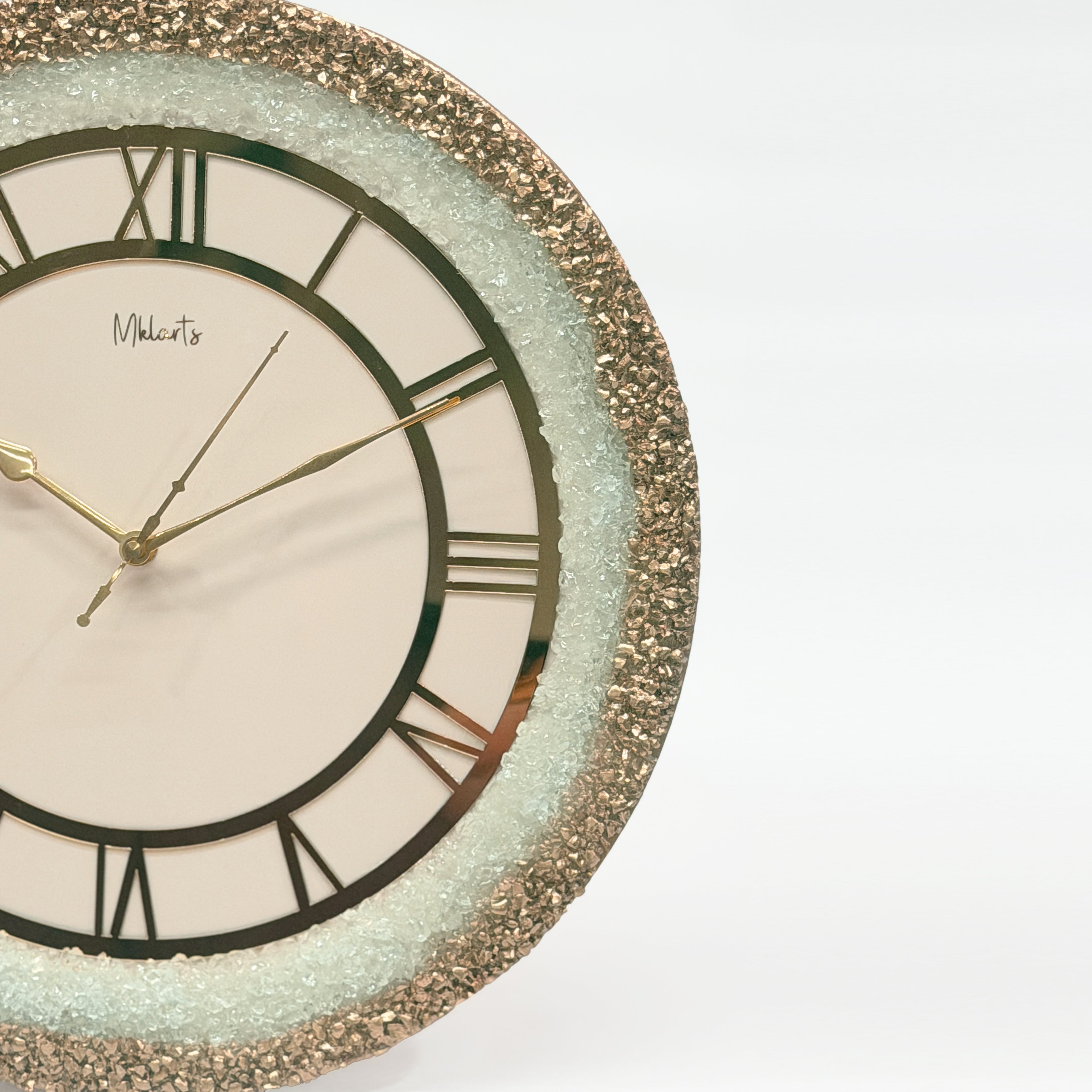 16-Inch Luxury White Resin Wall Clock with Gold Roman Numerals – Handmade Designer Crystal Edge Wall Decor