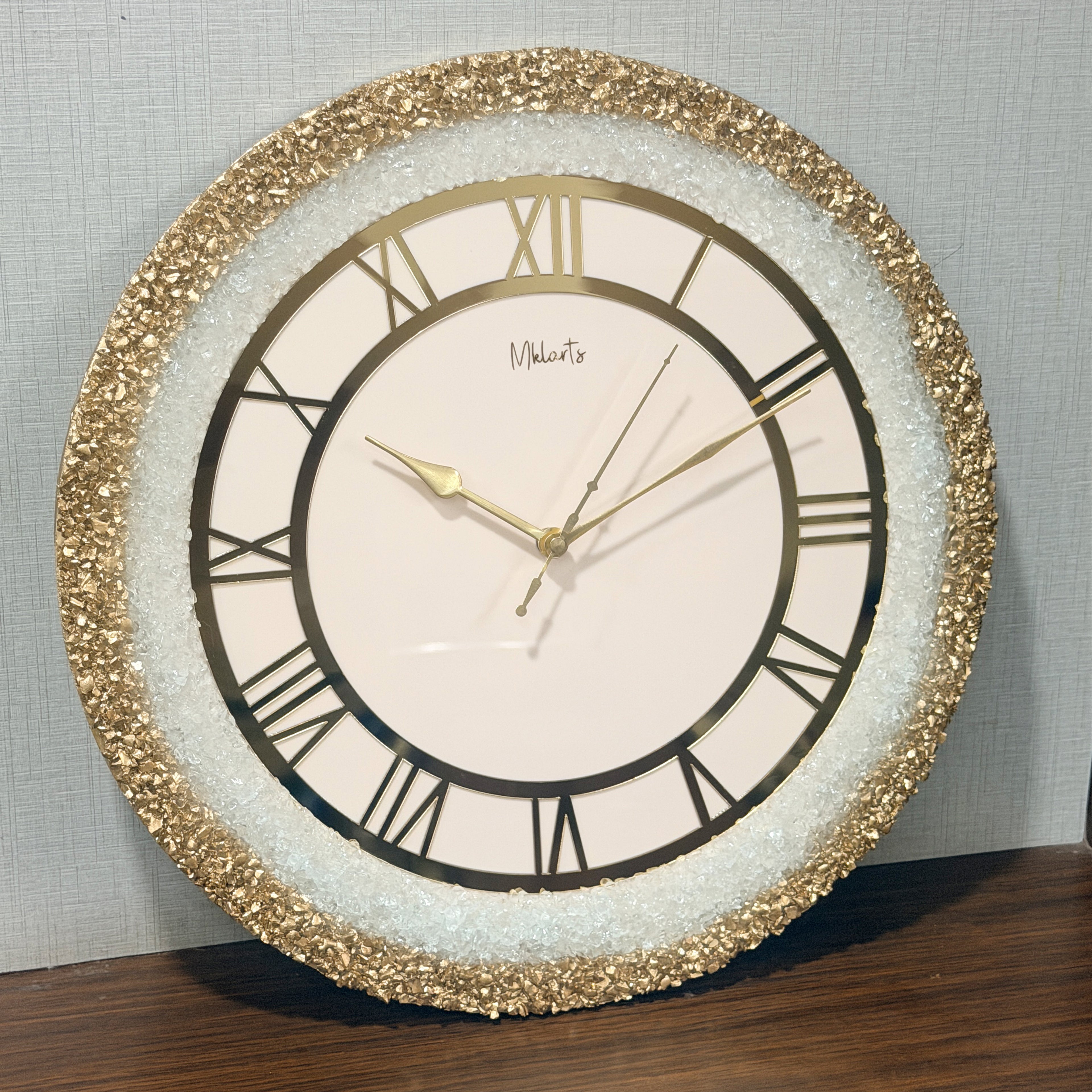 16-Inch Luxury White Resin Wall Clock with Gold Roman Numerals – Handmade Designer Crystal Edge Wall Decor