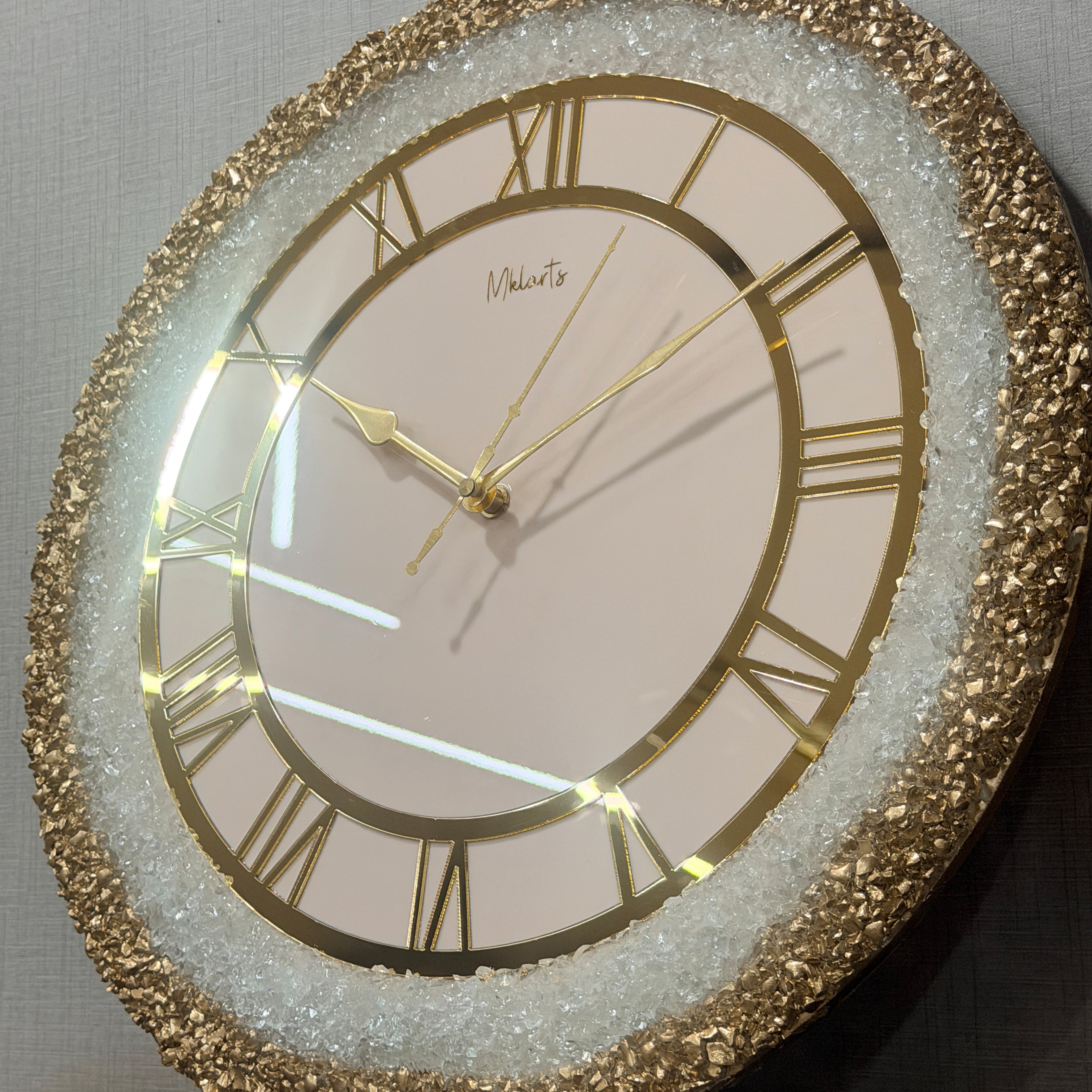 16-Inch Luxury White Resin Wall Clock with Gold Roman Numerals – Handmade Designer Crystal Edge Wall Decor