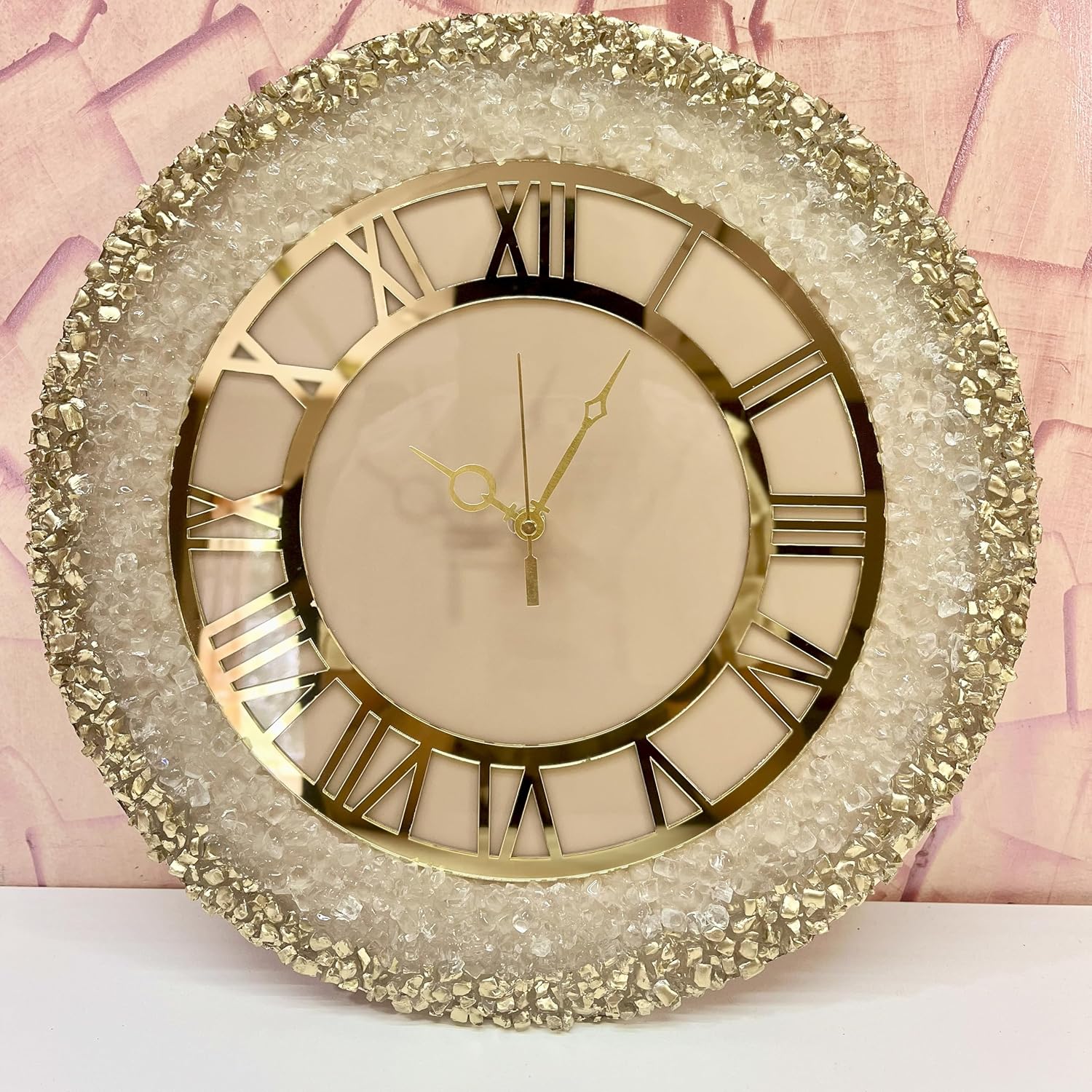 Mklarts 14″ Resin Crystal Wall Clock with Gold Border