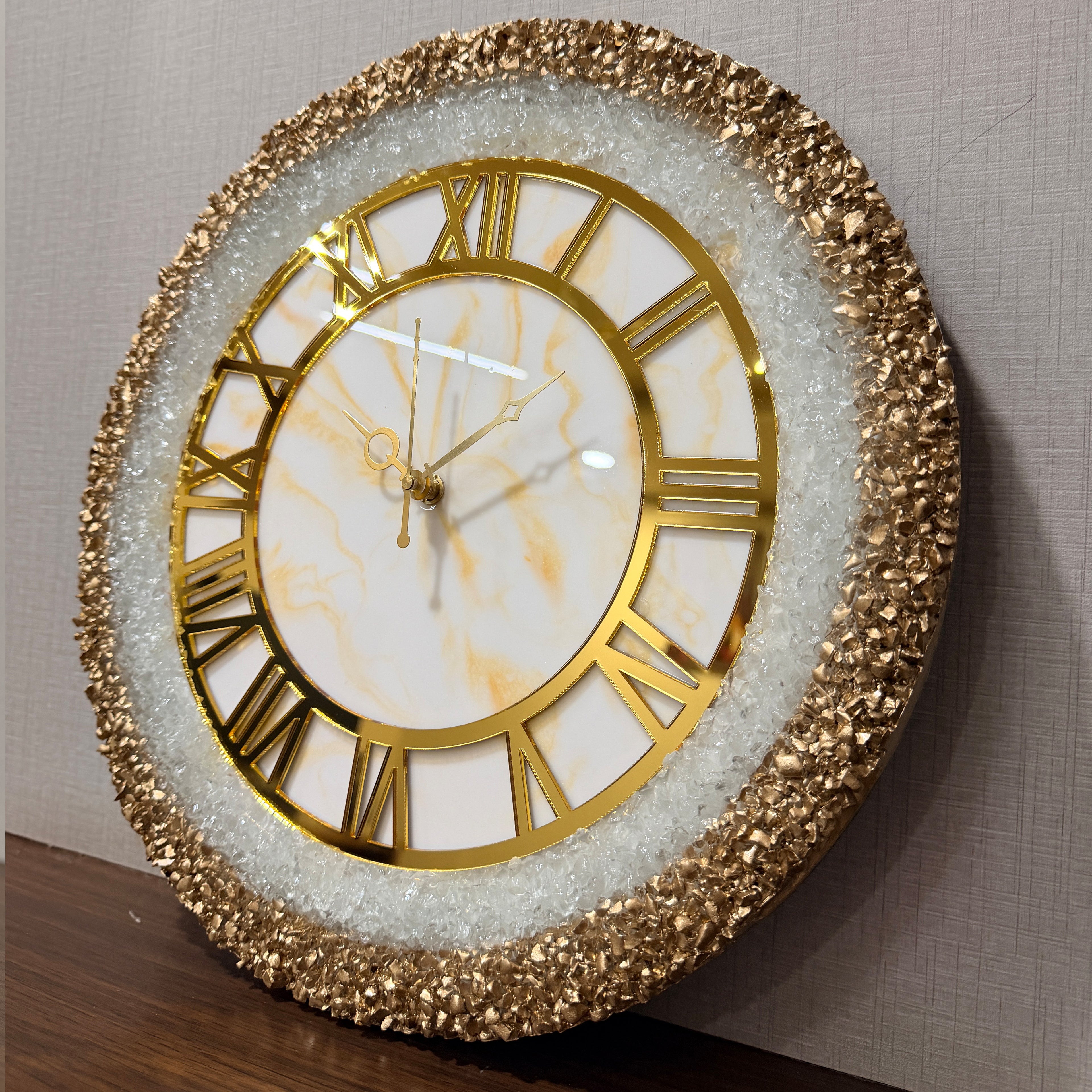 Mklarts 14″ White Marble Crystal Wall Clock with Gold Border