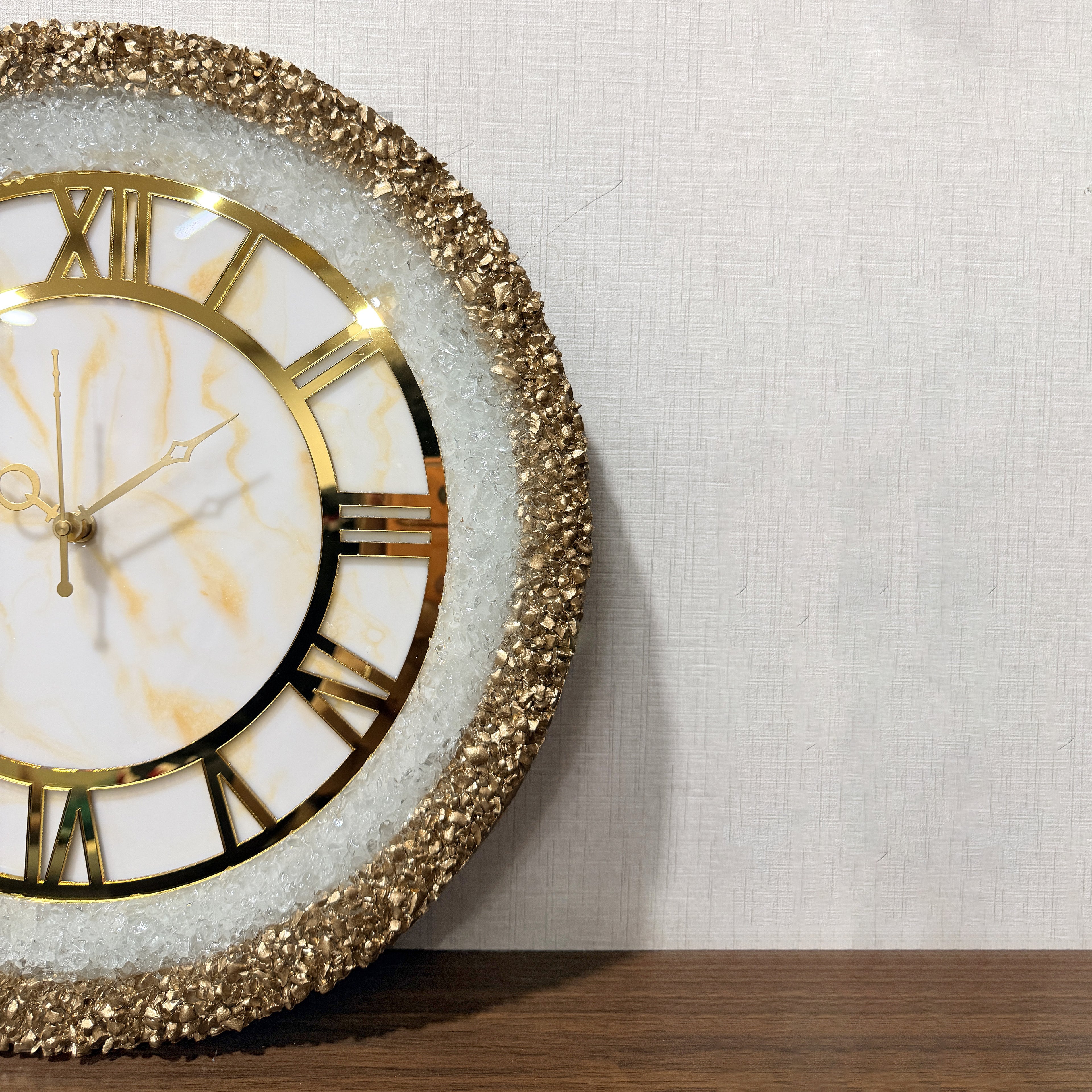 Mklarts 14″ White Marble Crystal Wall Clock with Gold Border