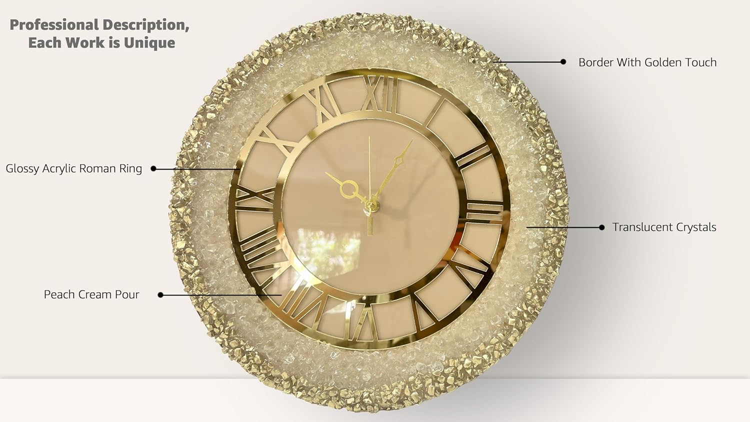 Mklarts 14″ Resin Crystal Wall Clock with Gold Border