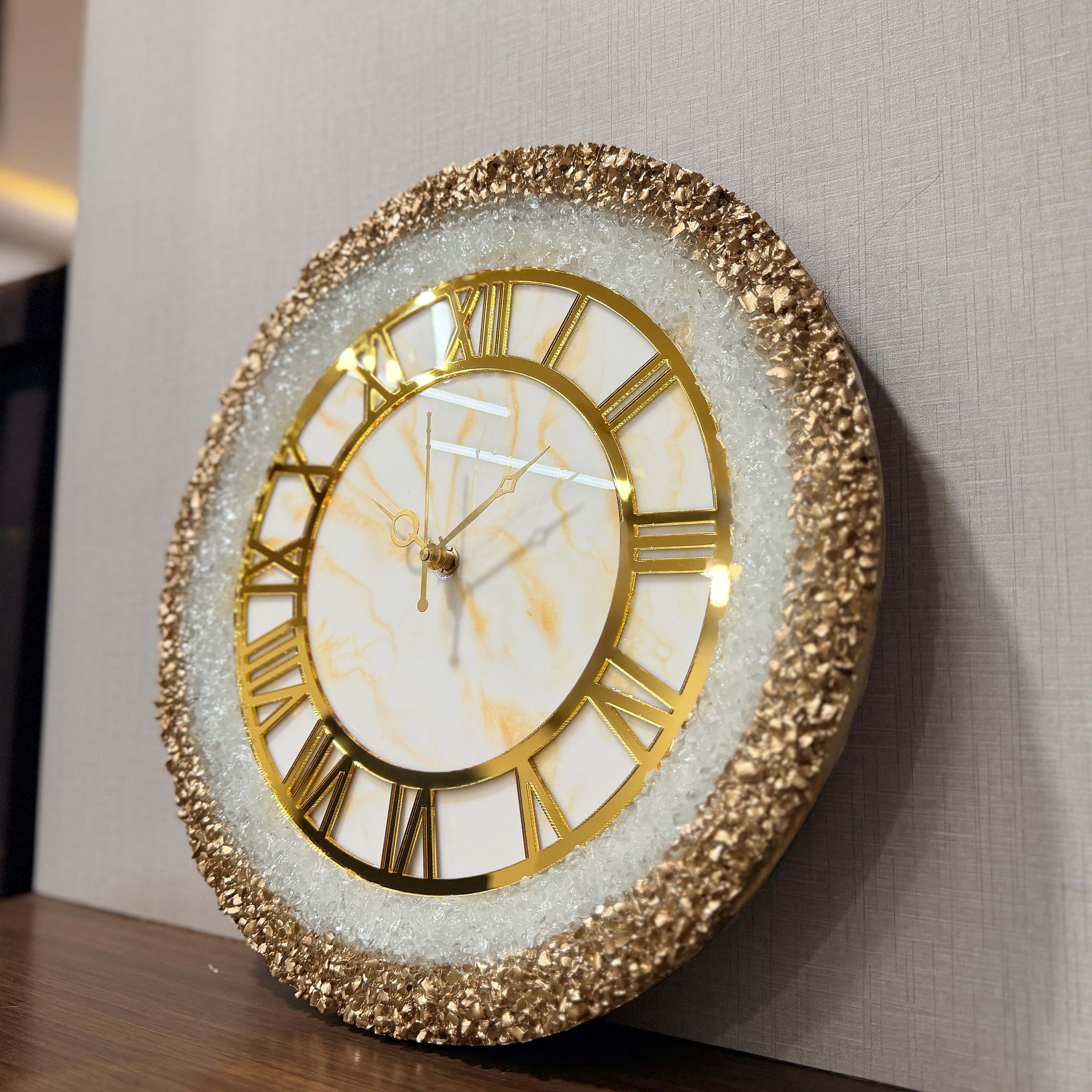 Mklarts 14″ White Marble Crystal Wall Clock with Gold Border