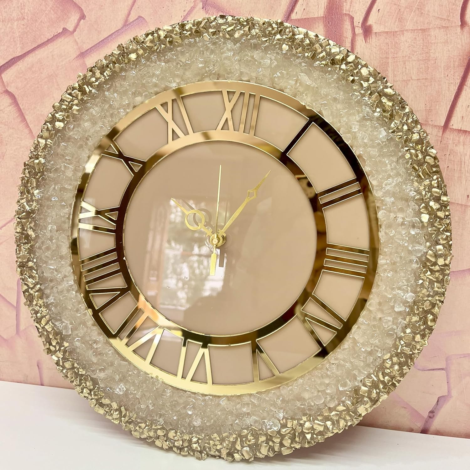 Mklarts 14″ Resin Crystal Wall Clock with Gold Border