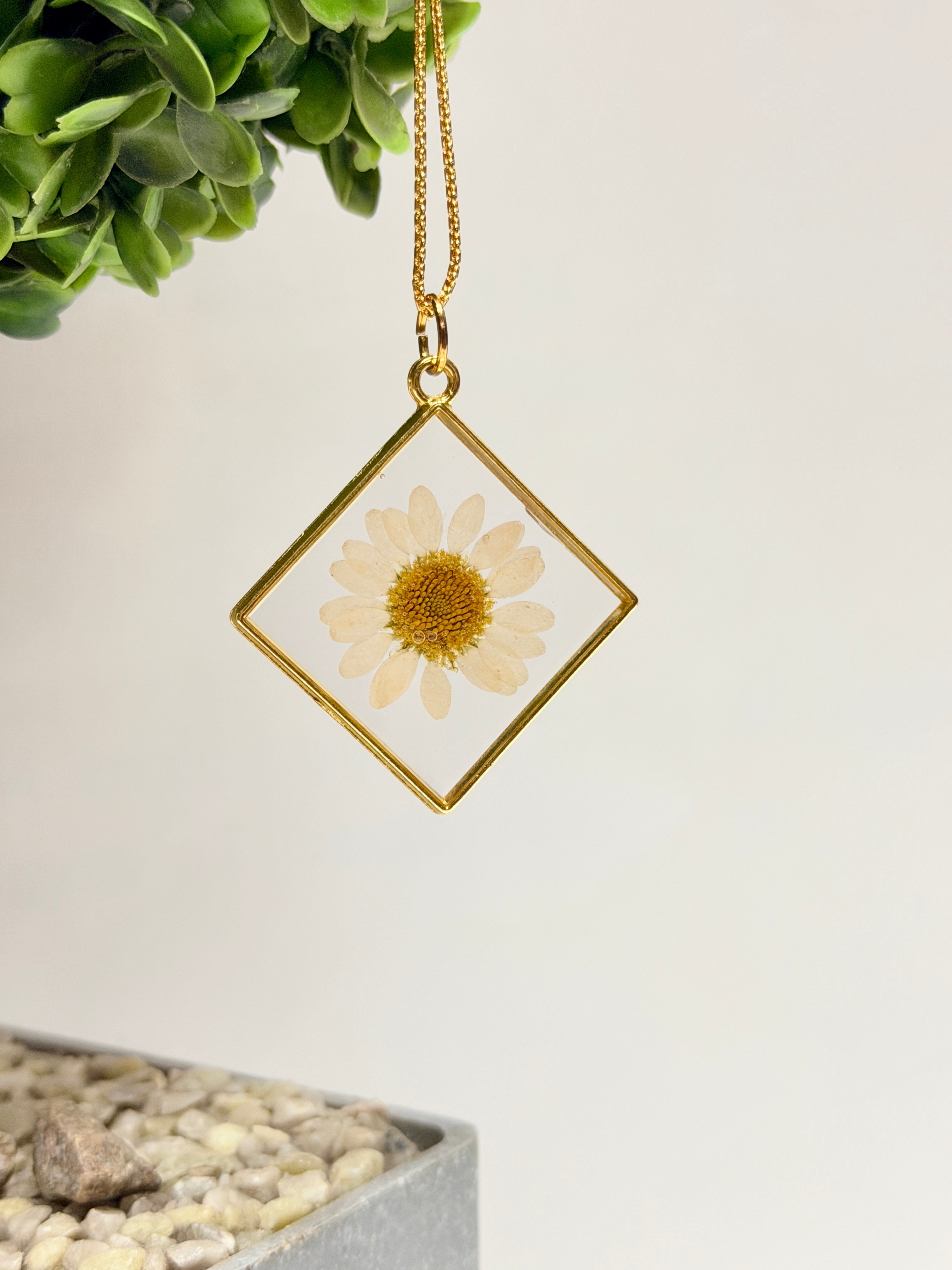 Mkl Resin Arts | Handmade Pressed Flower Resin Necklace – Square Gold-Tone Pendant | Minimal Floral Jewelry