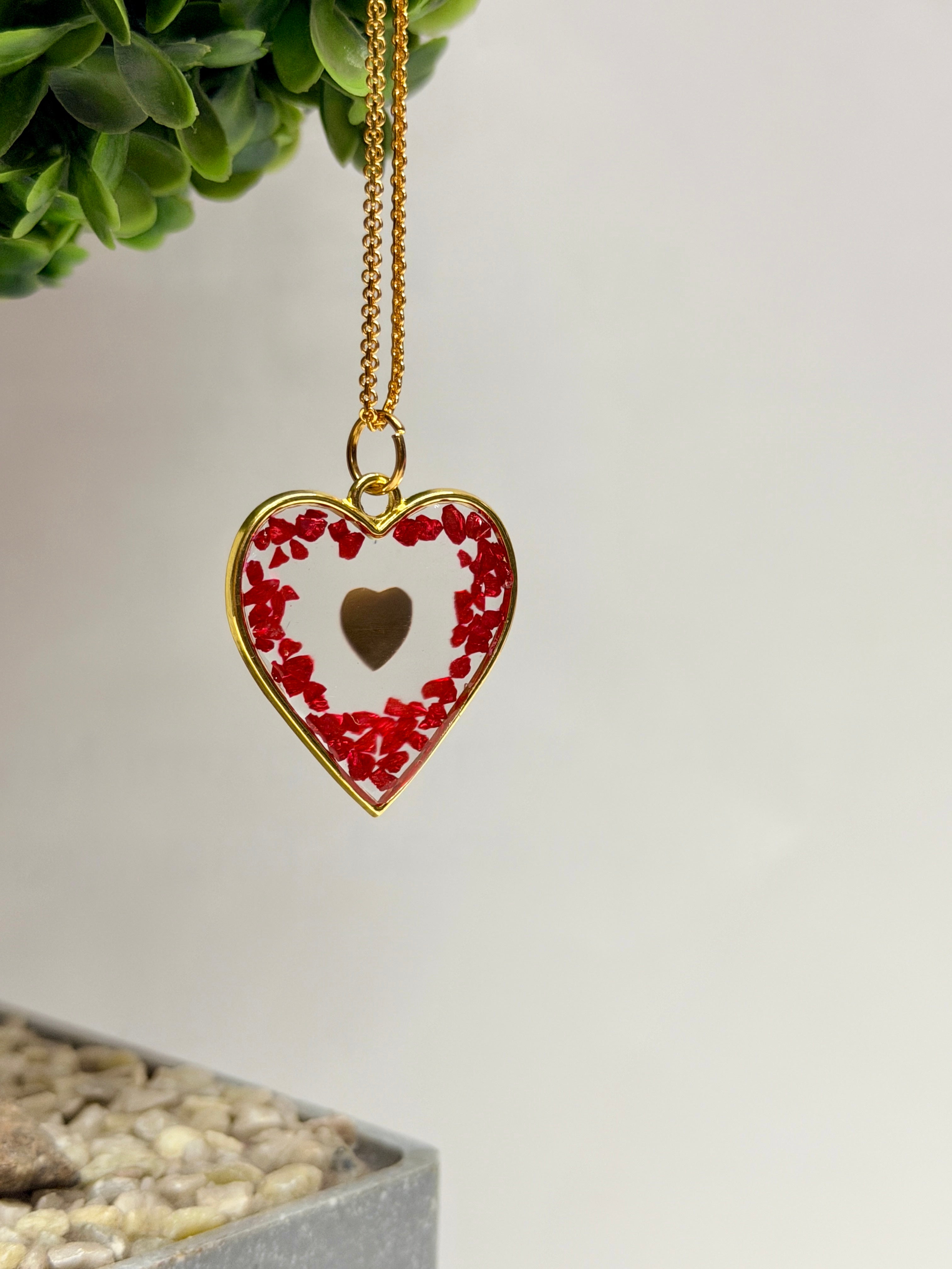 Mkl Resin Arts | Handmade Resin Heart Locket Necklace with Red Crystals – Gold-Tone Chain | Romantic Gift
