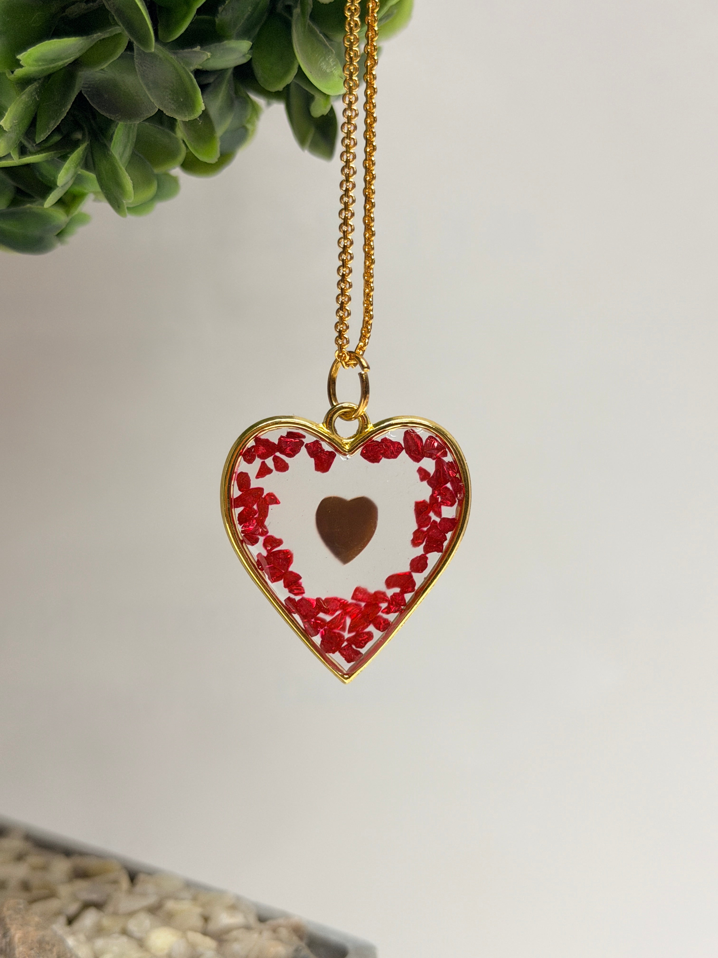 Mkl Resin Arts | Handmade Resin Heart Locket Necklace with Red Crystals – Gold-Tone Chain | Romantic Gift