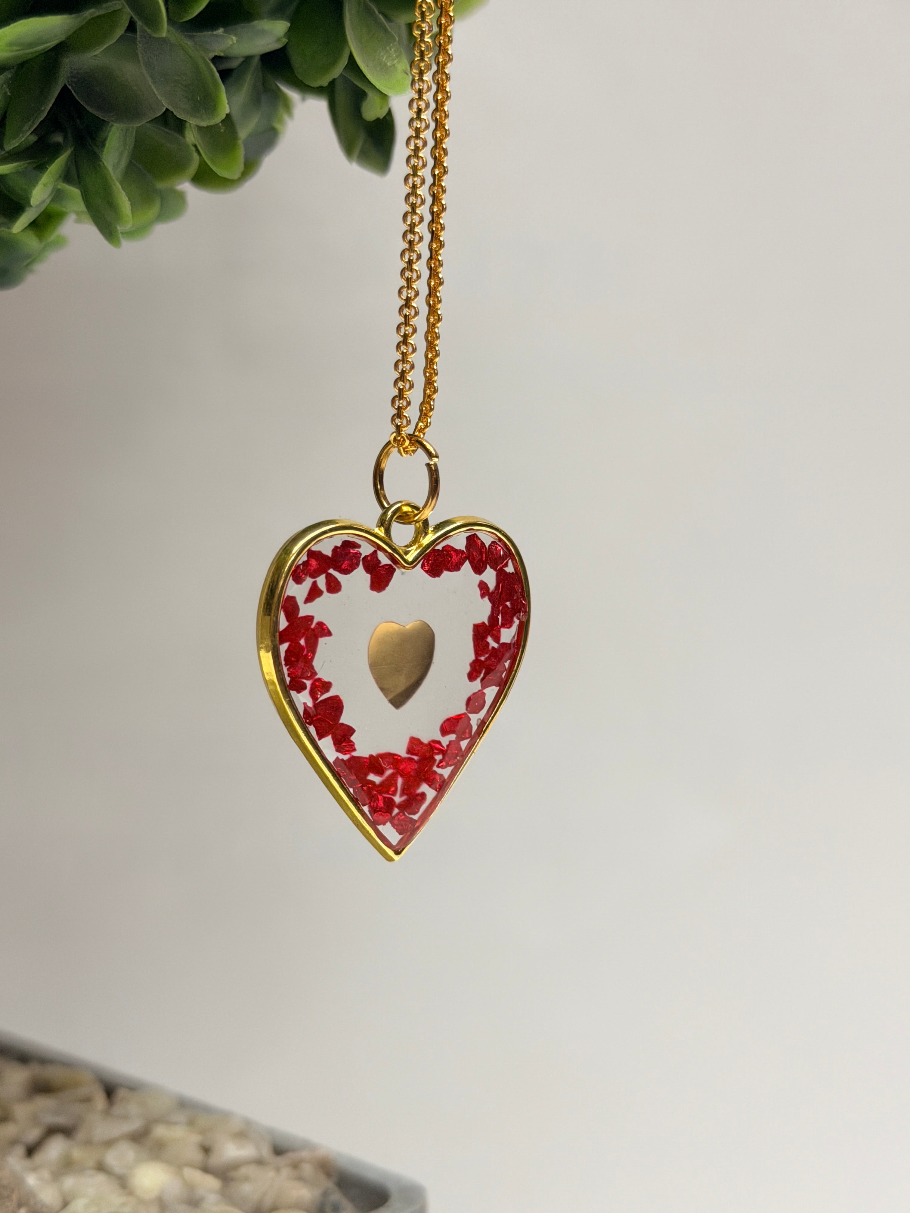 Mkl Resin Arts | Handmade Resin Heart Locket Necklace with Red Crystals – Gold-Tone Chain | Romantic Gift