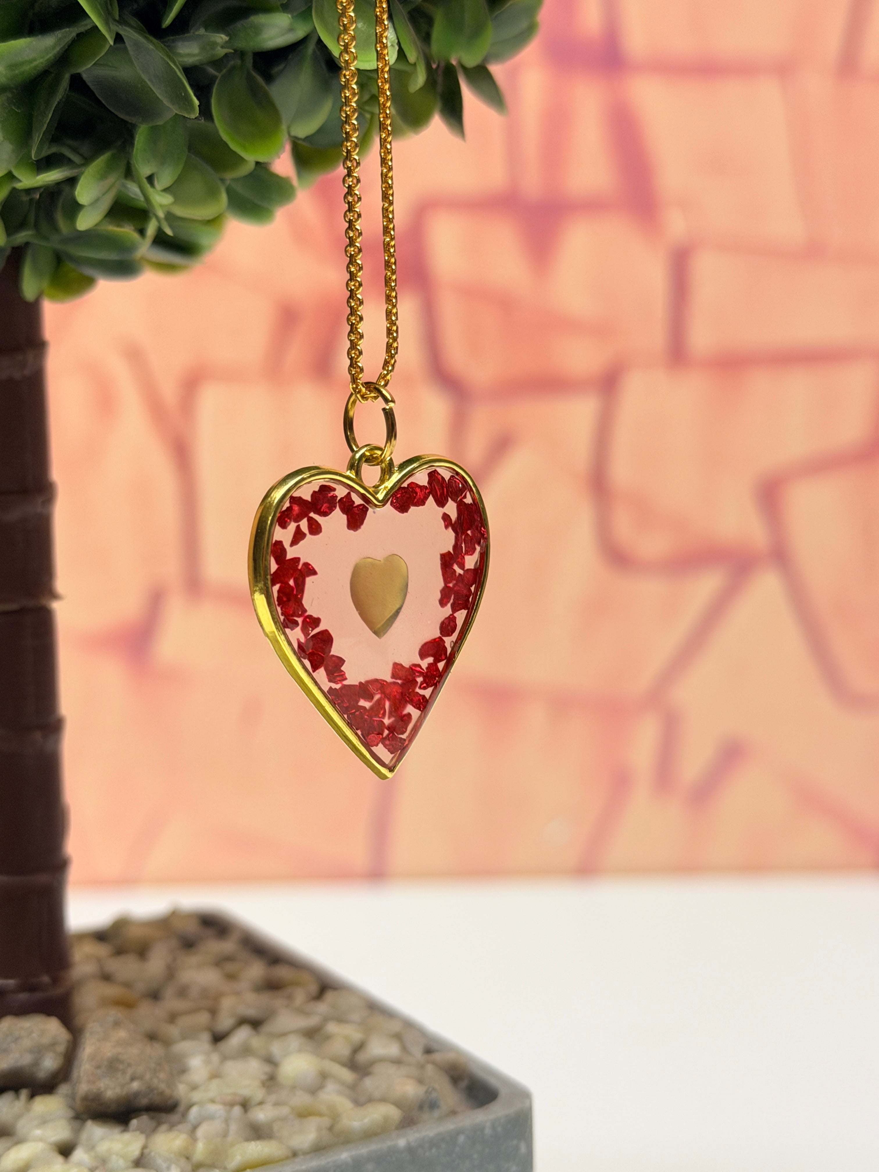 Mkl Resin Arts | Handmade Resin Heart Locket Necklace with Red Crystals – Gold-Tone Chain | Romantic Gift
