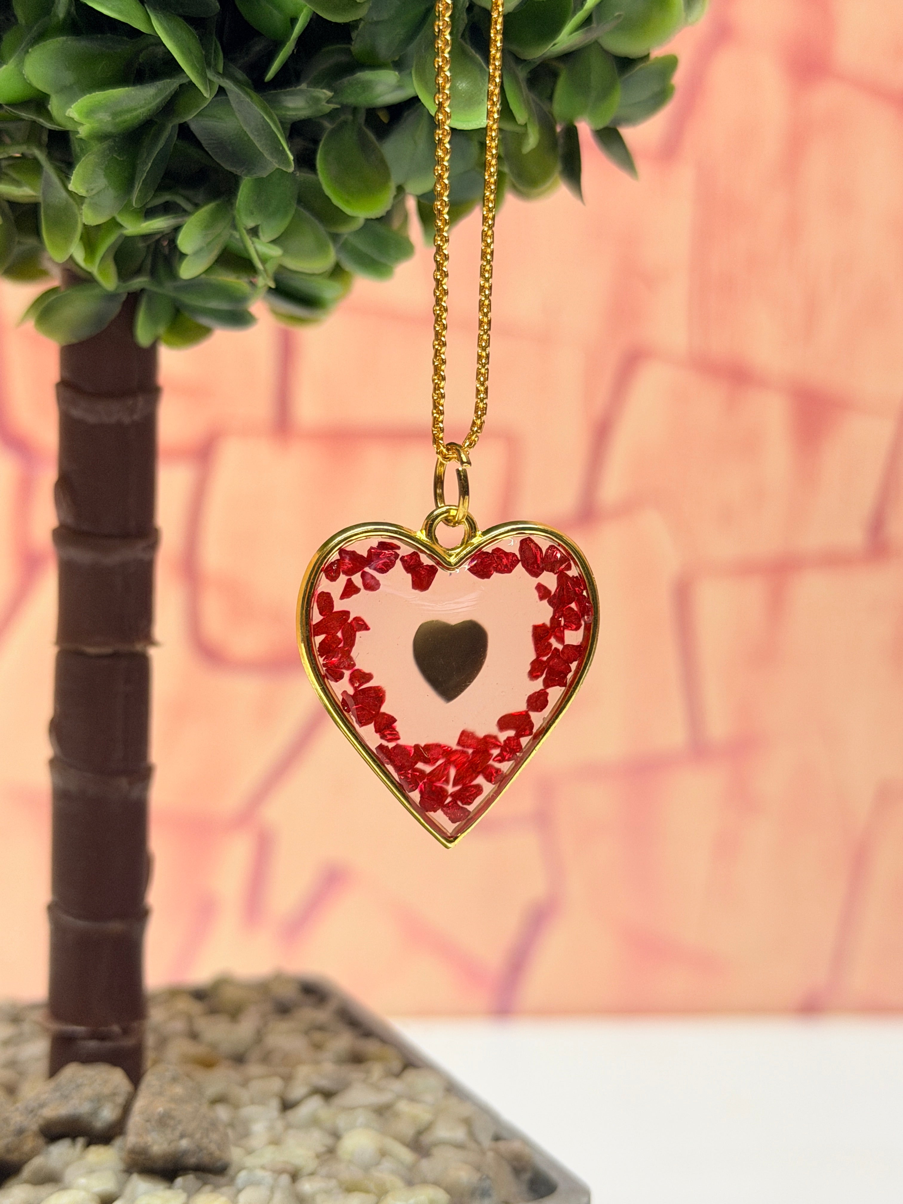 Mkl Resin Arts | Handmade Resin Heart Locket Necklace with Red Crystals – Gold-Tone Chain | Romantic Gift