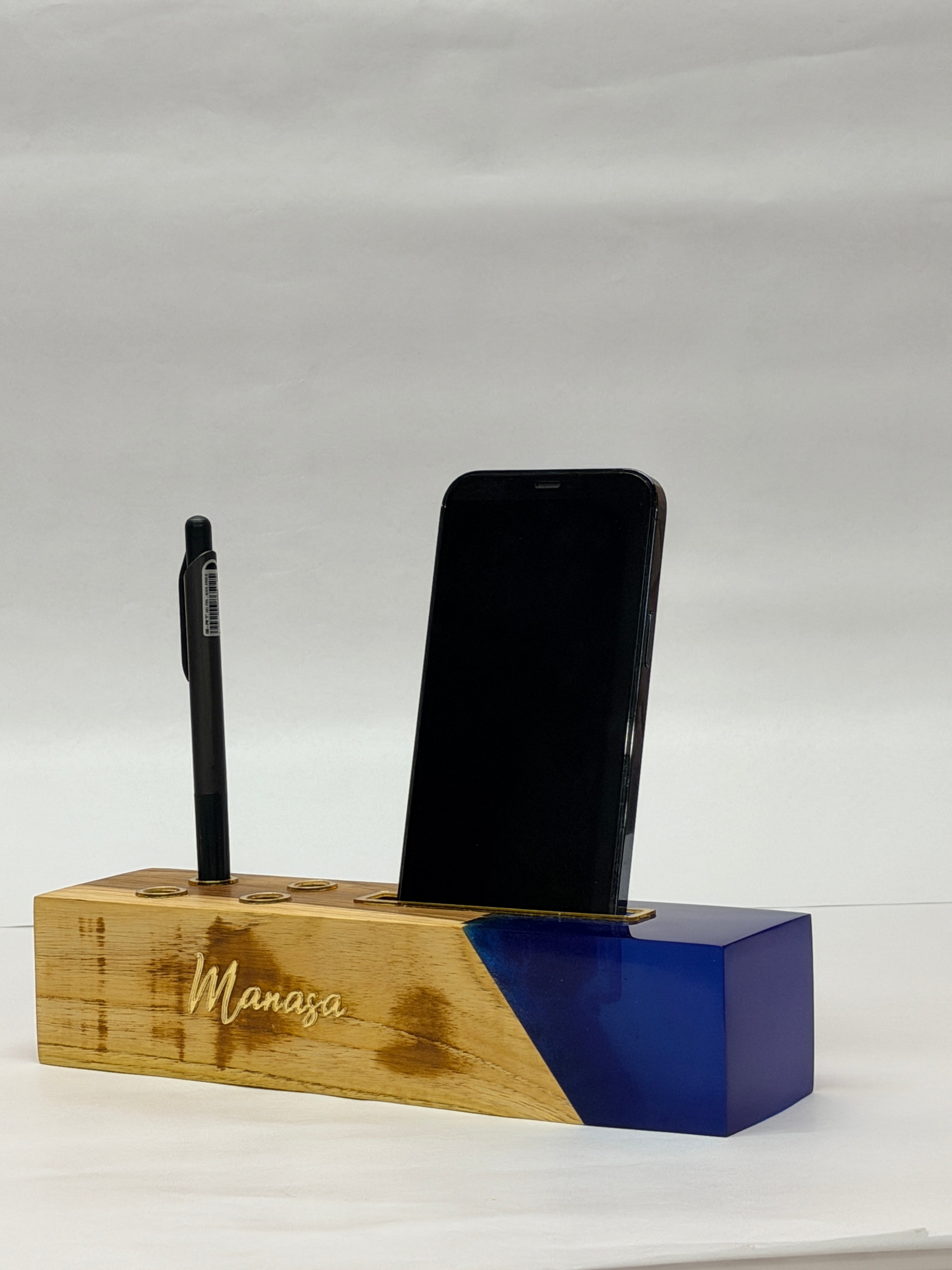 MKL Resin Arts Teak Wood & Resin Desk Organizer – Phone & Pen Stand, Glossy Finish