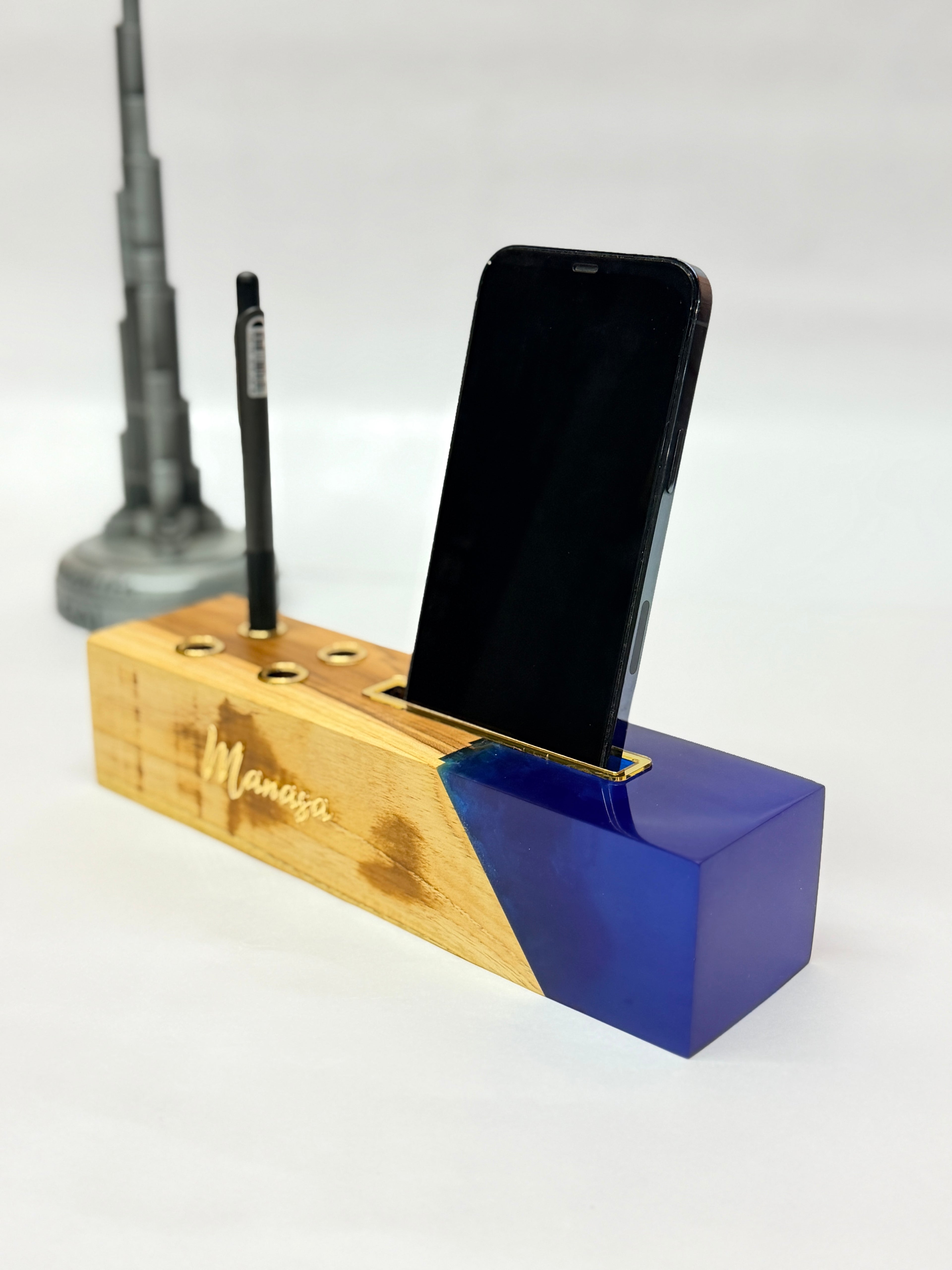 MKL Resin Arts Teak Wood & Resin Desk Organizer – Phone & Pen Stand, Glossy Finish