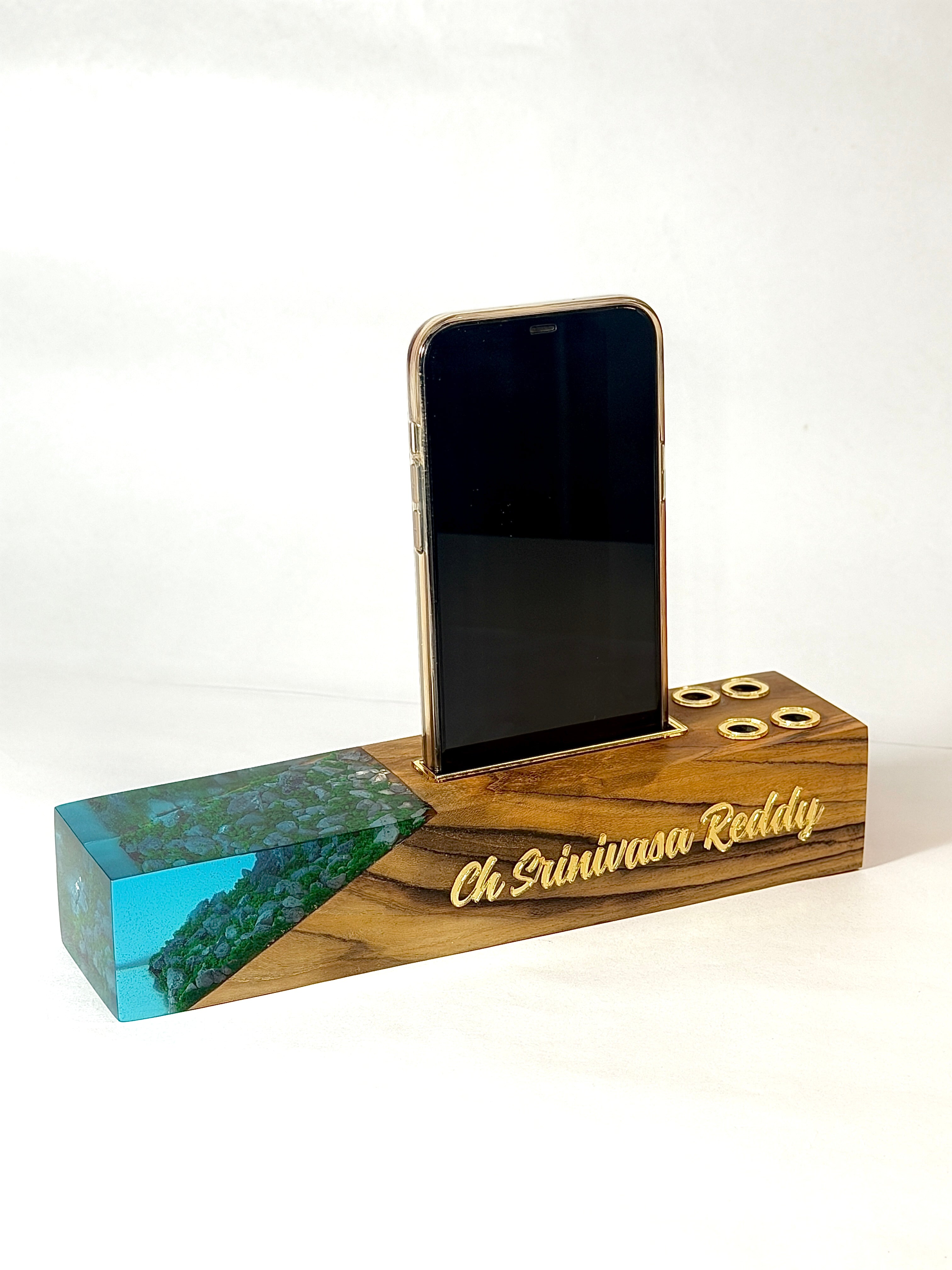 MKL Resin Arts Teak Wood & Resin Desk Organizer – Phone & Pen Stand