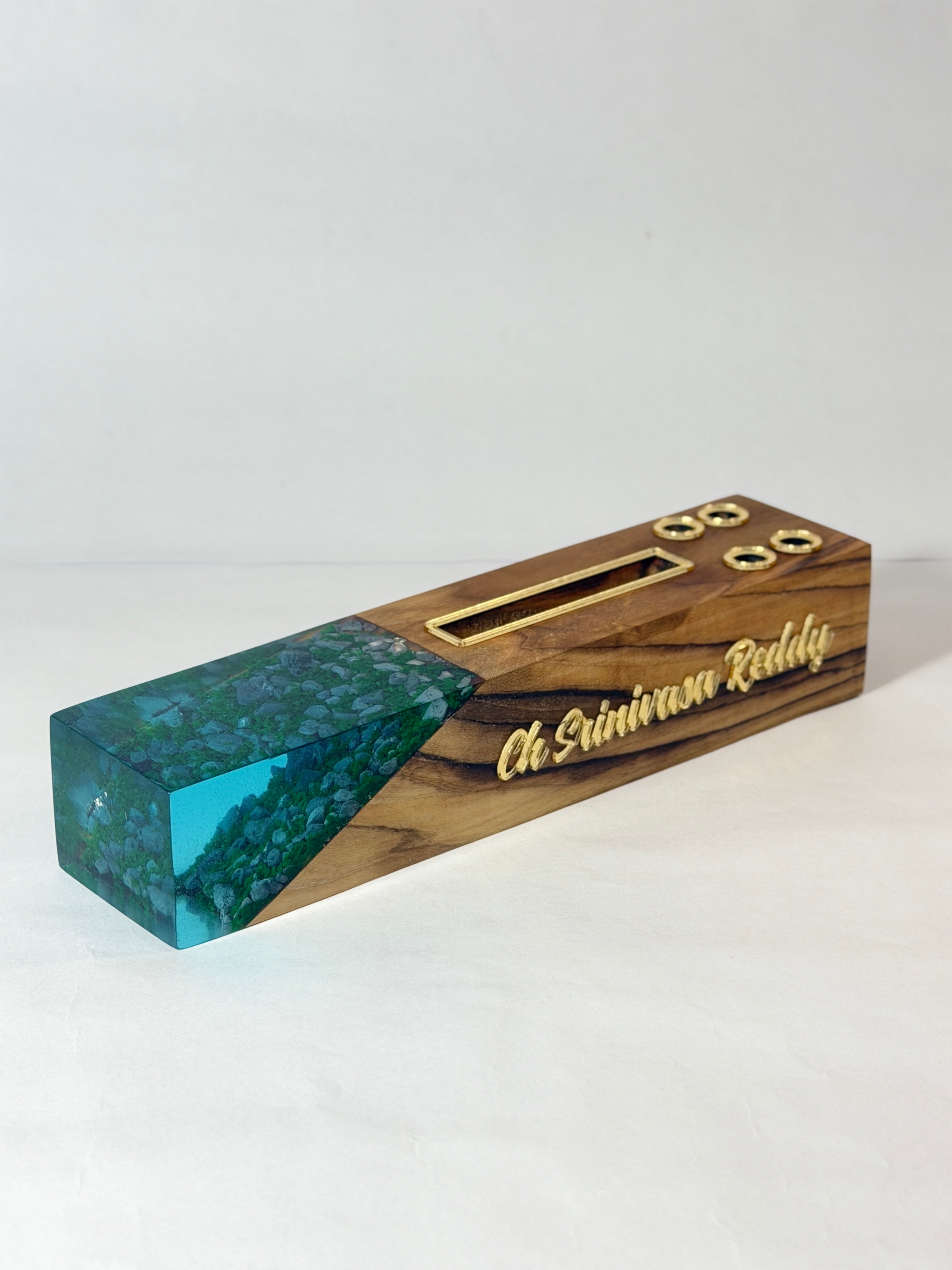 MKL Resin Arts Teak Wood & Resin Desk Organizer – Phone & Pen Stand