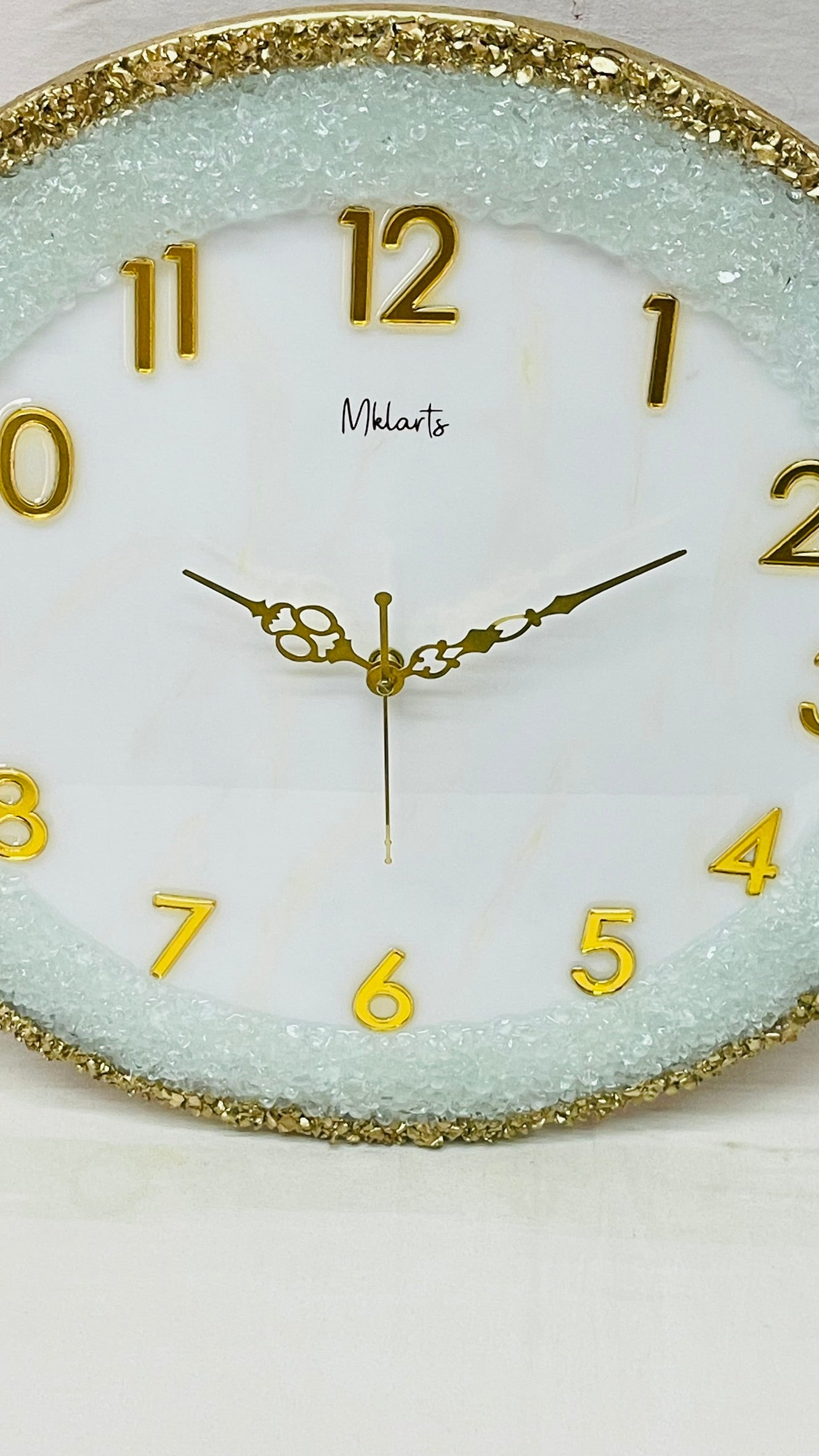 Mkl Resin Arts | 16Inch | Luxury White Resin Wall Clock with Gold Numbers – Handmade Crystal Edge Designer Clock