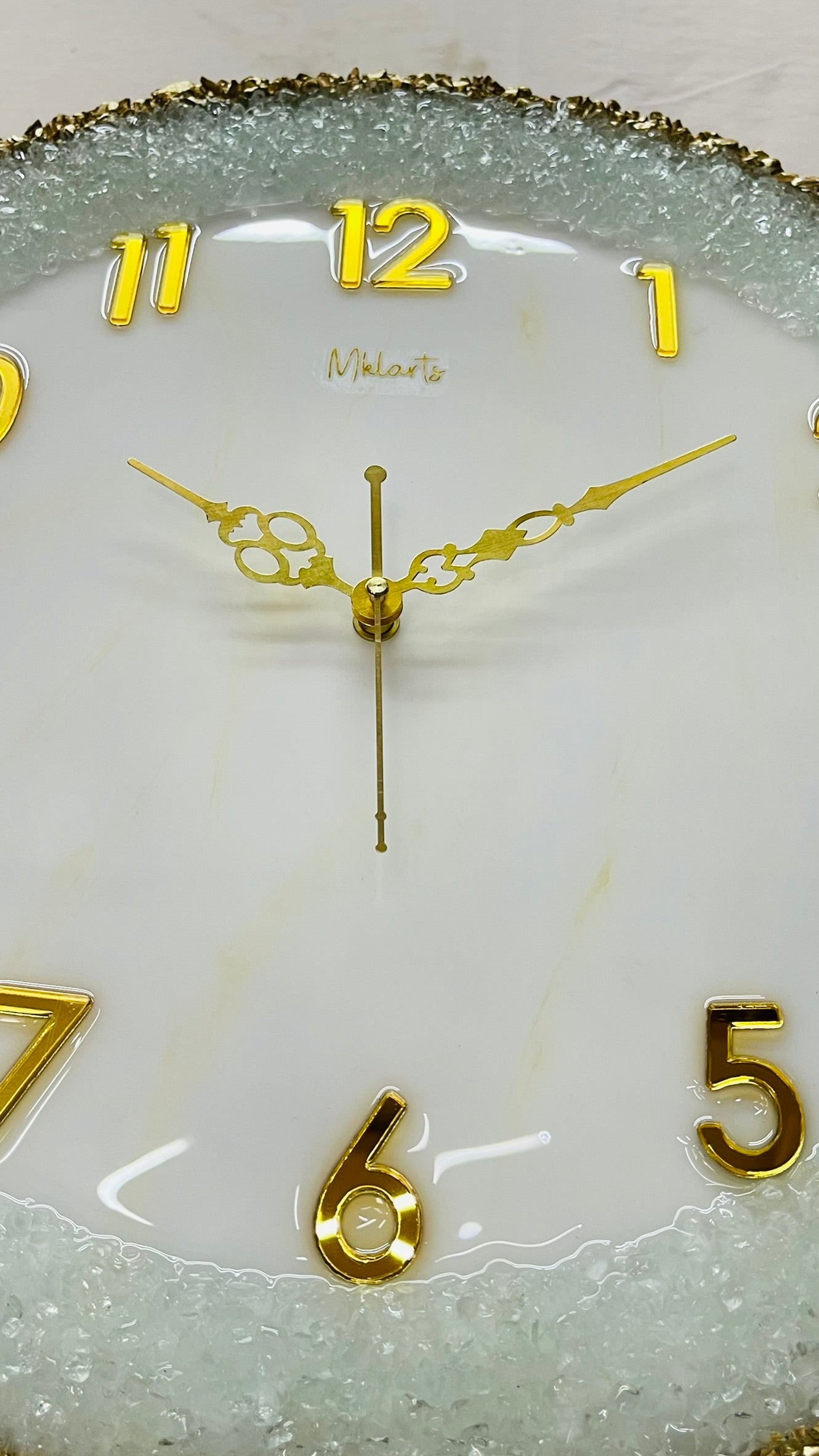 Mkl Resin Arts | 16Inch | Luxury White Resin Wall Clock with Gold Numbers – Handmade Crystal Edge Designer Clock