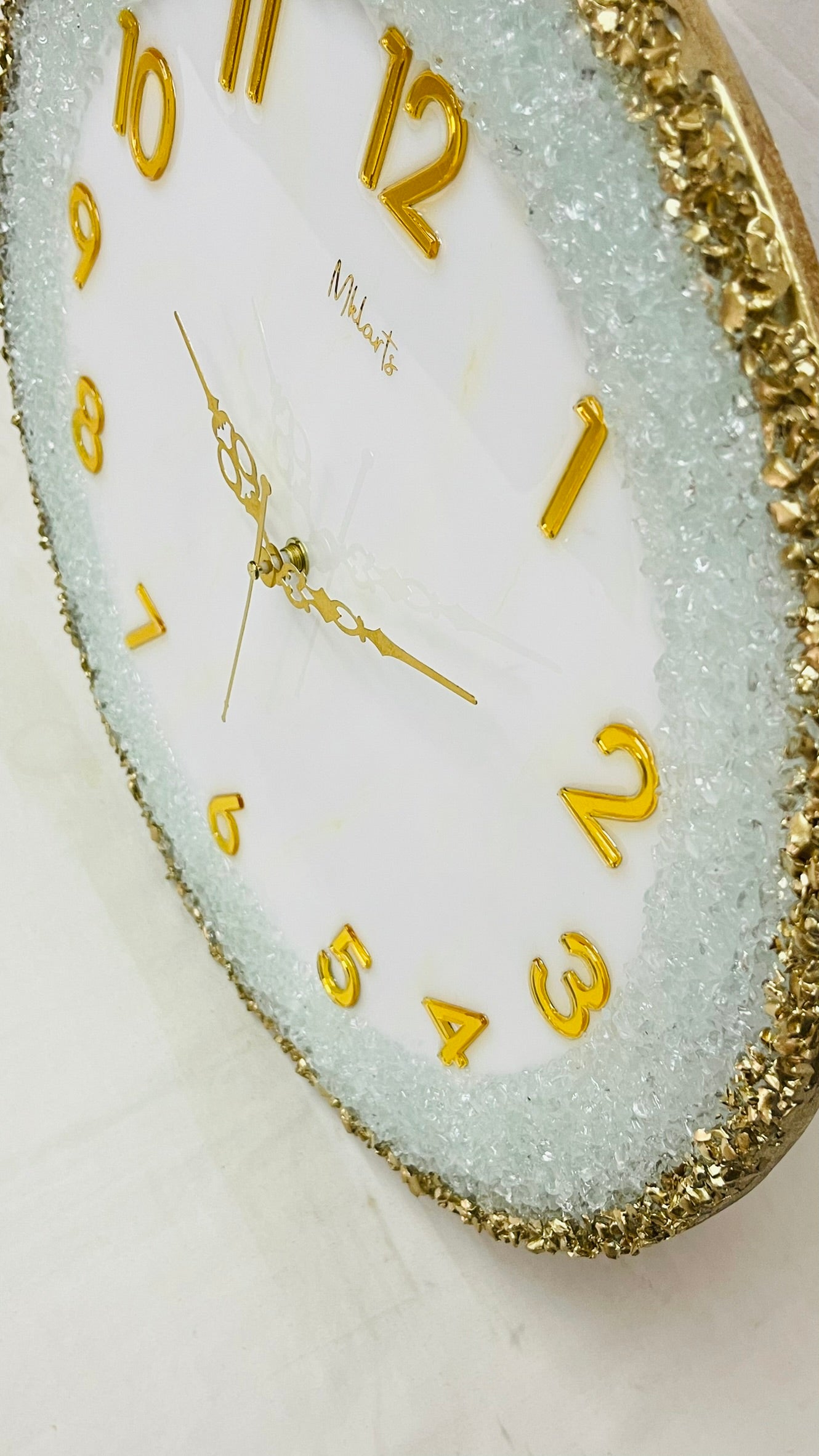 Mkl Resin Arts | 16Inch | Luxury White Resin Wall Clock with Gold Numbers – Handmade Crystal Edge Designer Clock