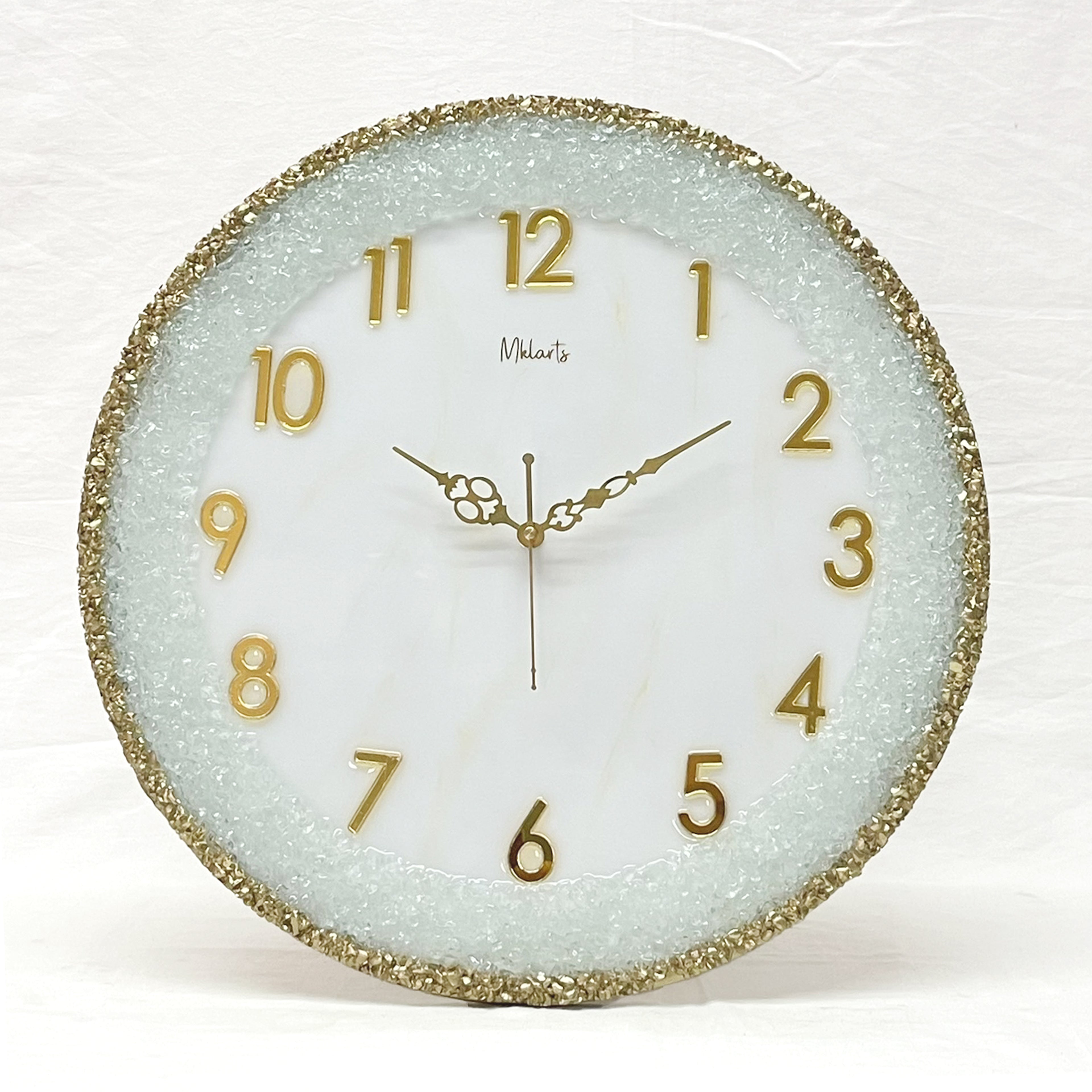 Mkl Resin Arts | 16Inch | Luxury White Resin Wall Clock with Gold Numbers – Handmade Crystal Edge Designer Clock