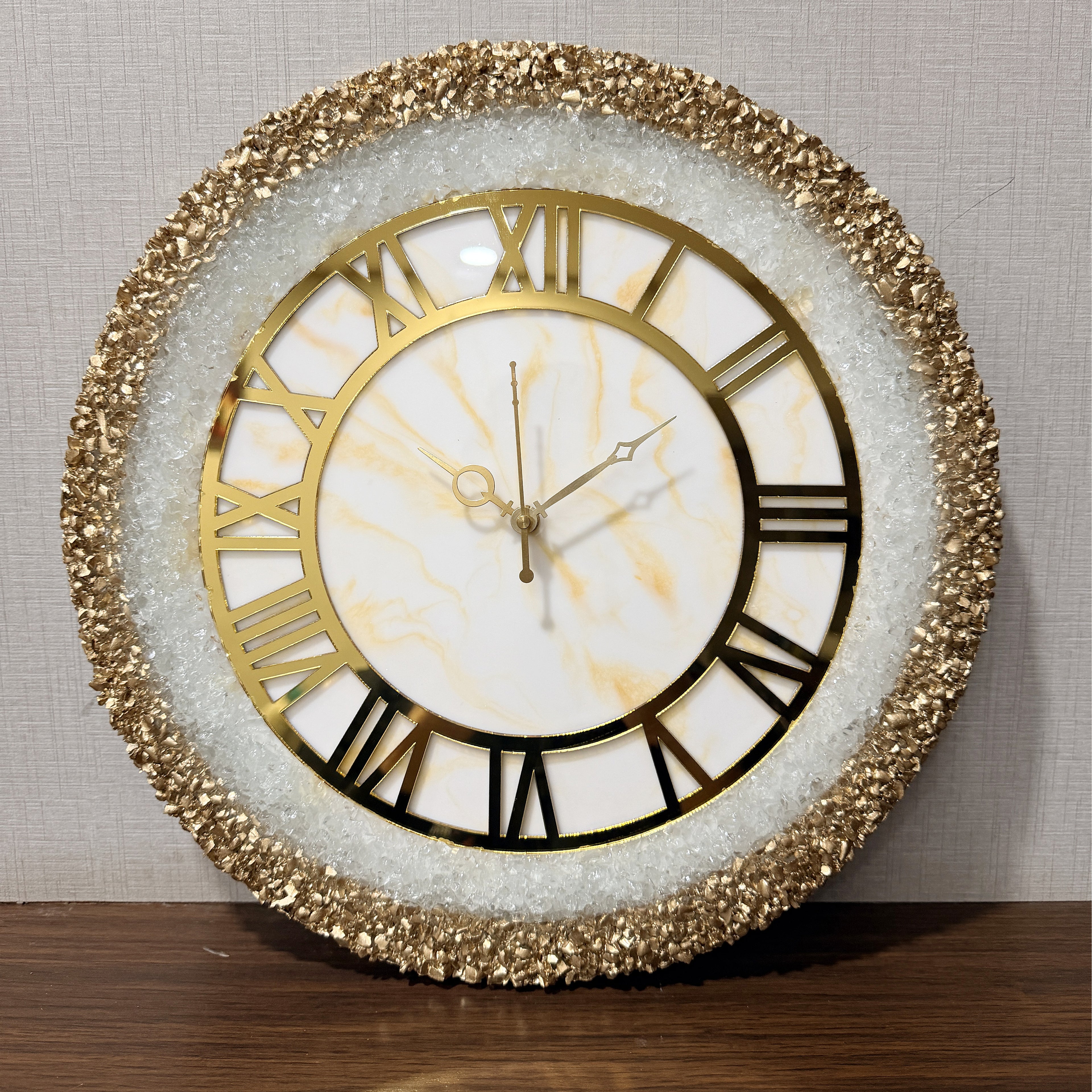Mklarts 14″ White Marble Crystal Wall Clock with Gold Border