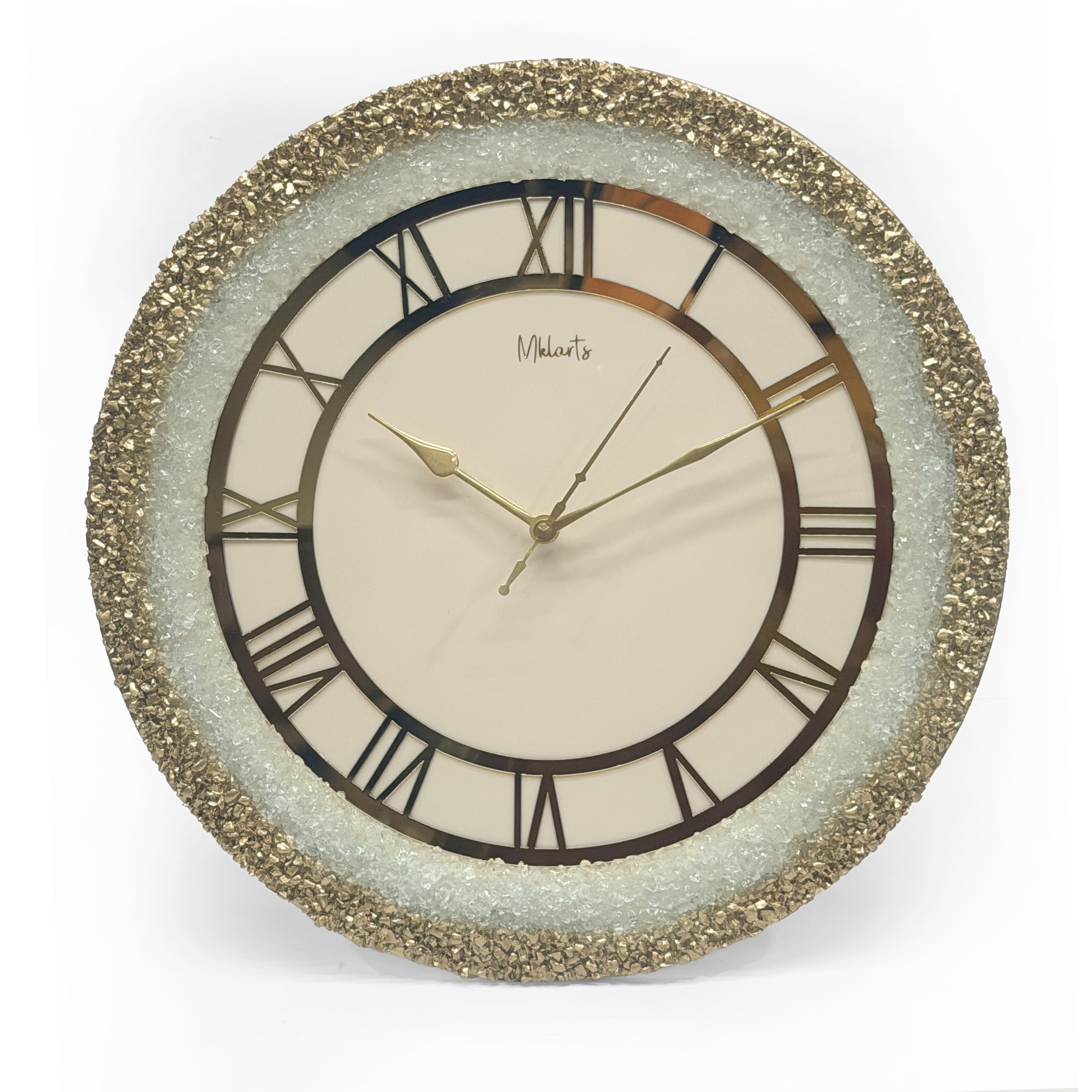 16-Inch Luxury White Resin Wall Clock with Gold Roman Numerals – Handmade Designer Crystal Edge Wall Decor