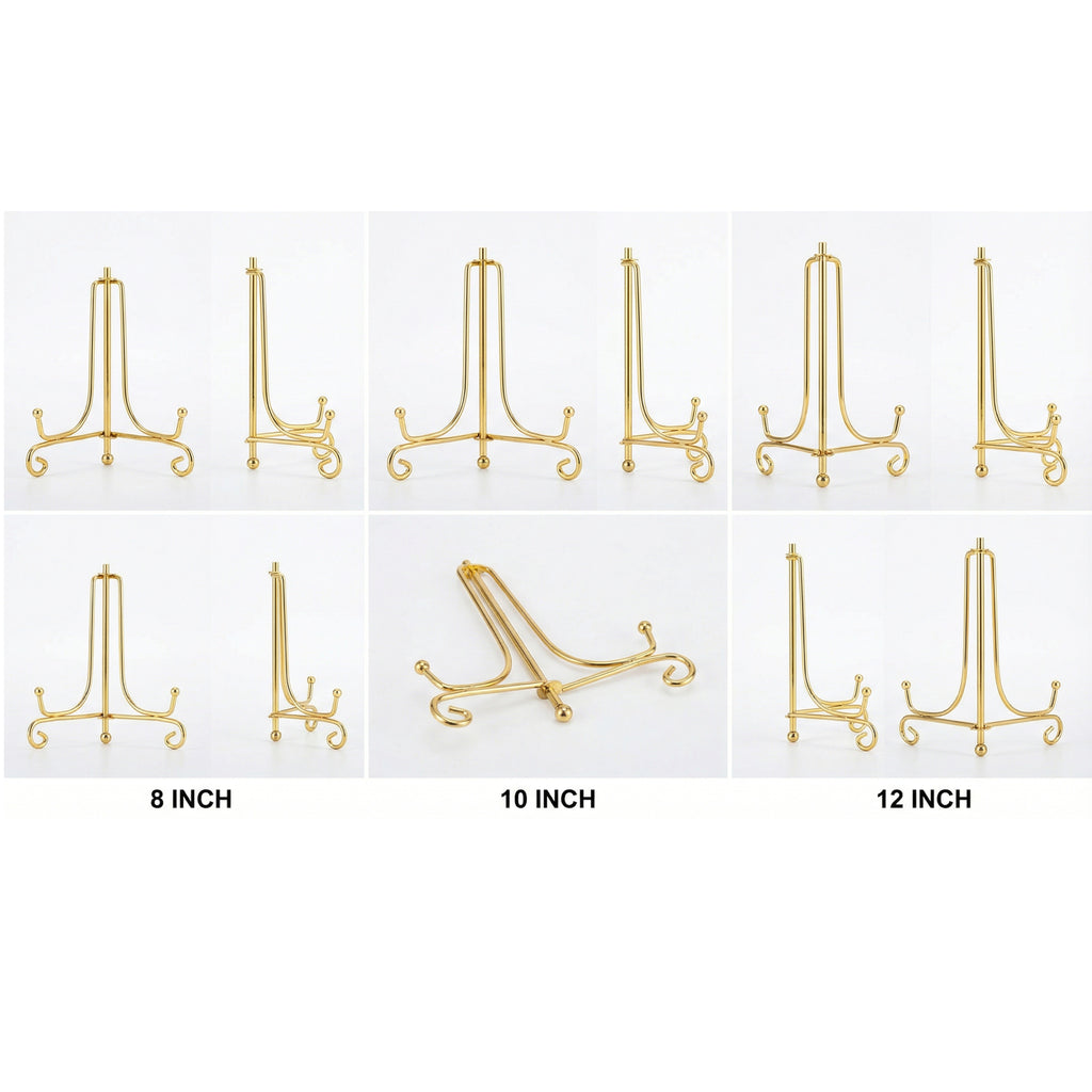 Gold Metal Display Stand for Plates, Frames & Resin Art | Decorative Table Easel Stand (8, 10 & 12 Inch)